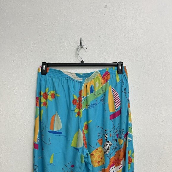 VTG 90s Paradise Turquoise Beaded Novelty Print 1X Pants Resort Wear Beach Fish - Picture 7 of 11